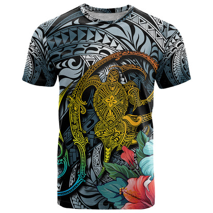 Hawaii Turtle T-Shirt Hawaii Pattern and Turtle Tattoo Dark Cyan Gradient Graphic Tee