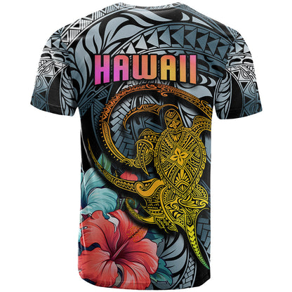 Hawaii Turtle T-Shirt Hawaii Pattern and Turtle Tattoo Dark Cyan Gradient Graphic Tee