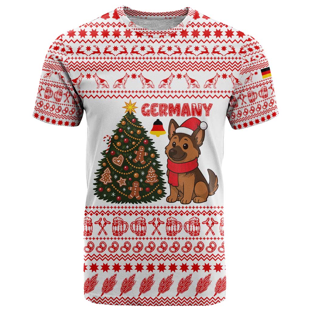 Germany Christmas T-Shirt with German Shepherd Dog Gingerbread Tree and Red Holiday Pattern Graphic Tee