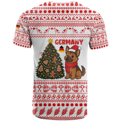 Germany Christmas T-Shirt with German Shepherd Dog Gingerbread Tree and Red Holiday Pattern Graphic Tee