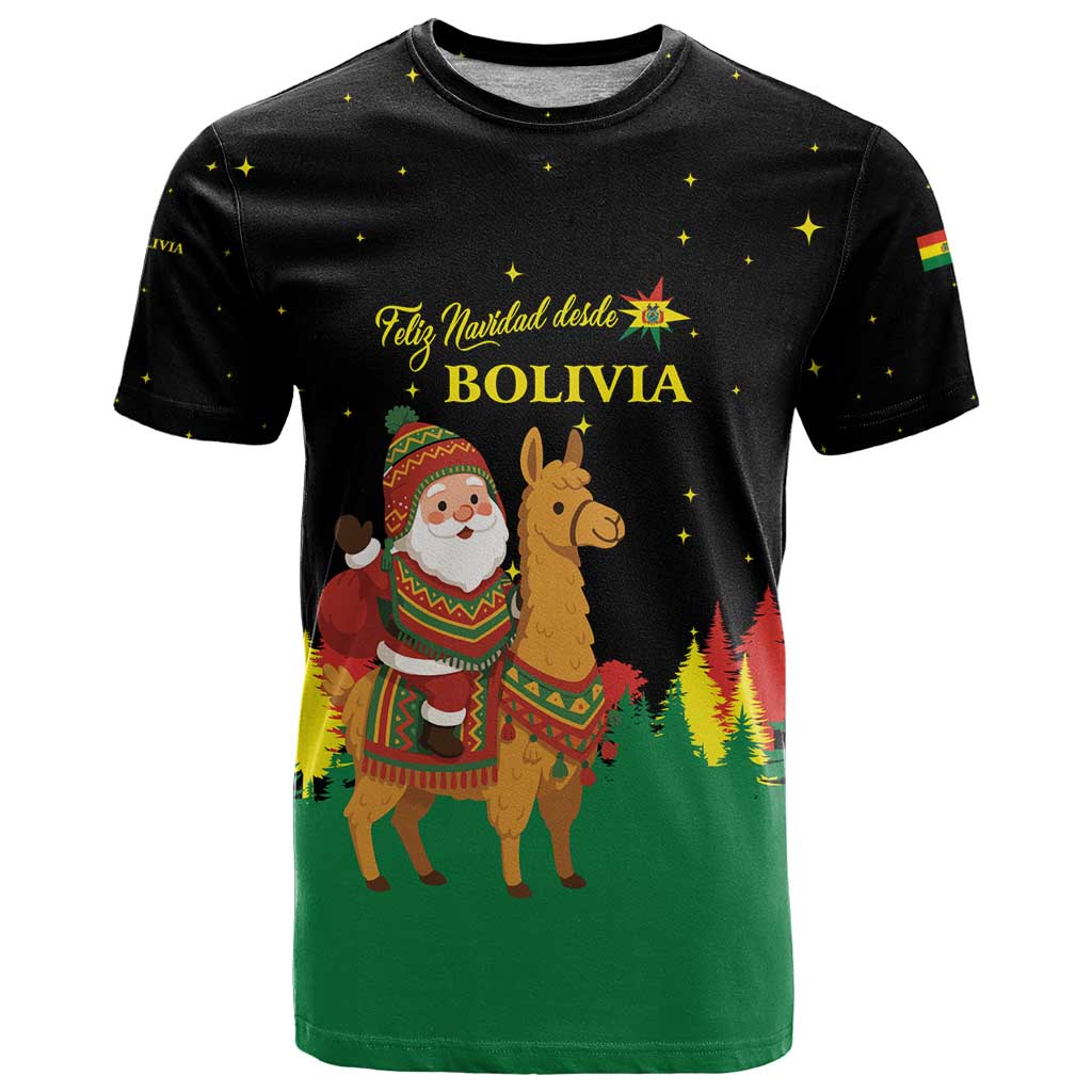 Bolivia Christmas T-Shirt with Santa Claus Llama Andean Outfit and Festive Tree Design Graphic Tee