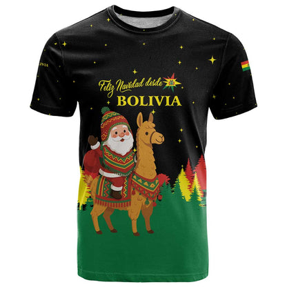 Bolivia Christmas T-Shirt with Santa Claus Llama Andean Outfit and Festive Tree Design Graphic Tee