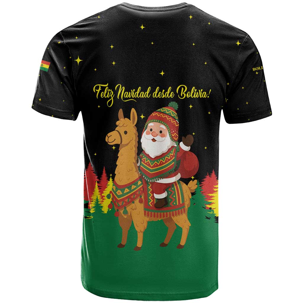 Bolivia Christmas T-Shirt with Santa Claus Llama Andean Outfit and Festive Tree Design Graphic Tee