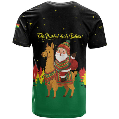 Bolivia Christmas T-Shirt with Santa Claus Llama Andean Outfit and Festive Tree Design Graphic Tee