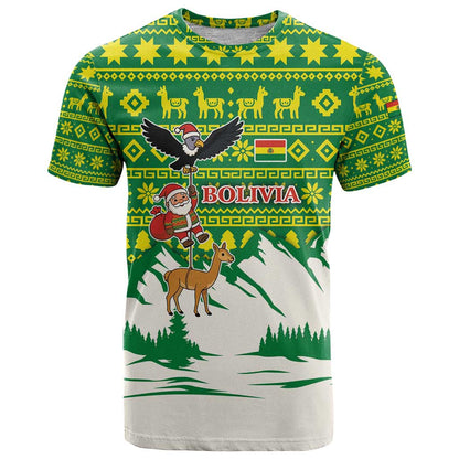 Bolivia Christmas T-Shirt with Santa Claus Andean Deer Condor and Traditional Pattern Design Graphic Tee