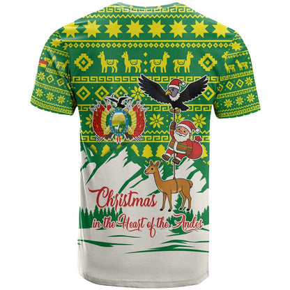 Bolivia Christmas T-Shirt with Santa Claus Andean Deer Condor and Traditional Pattern Design Graphic Tee