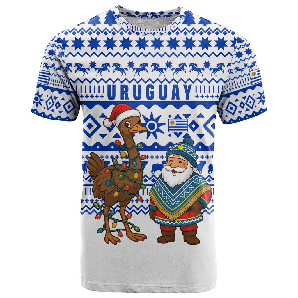 Uruguay Christmas T-Shirt with Santa Claus Rhea Bird Holiday Lights and Blue Geometric Pattern Graphic Tee