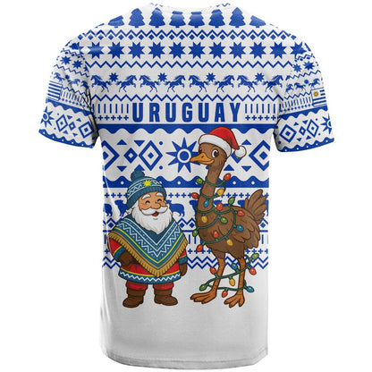 Uruguay Christmas T-Shirt with Santa Claus Rhea Bird Holiday Lights and Blue Geometric Pattern Graphic Tee