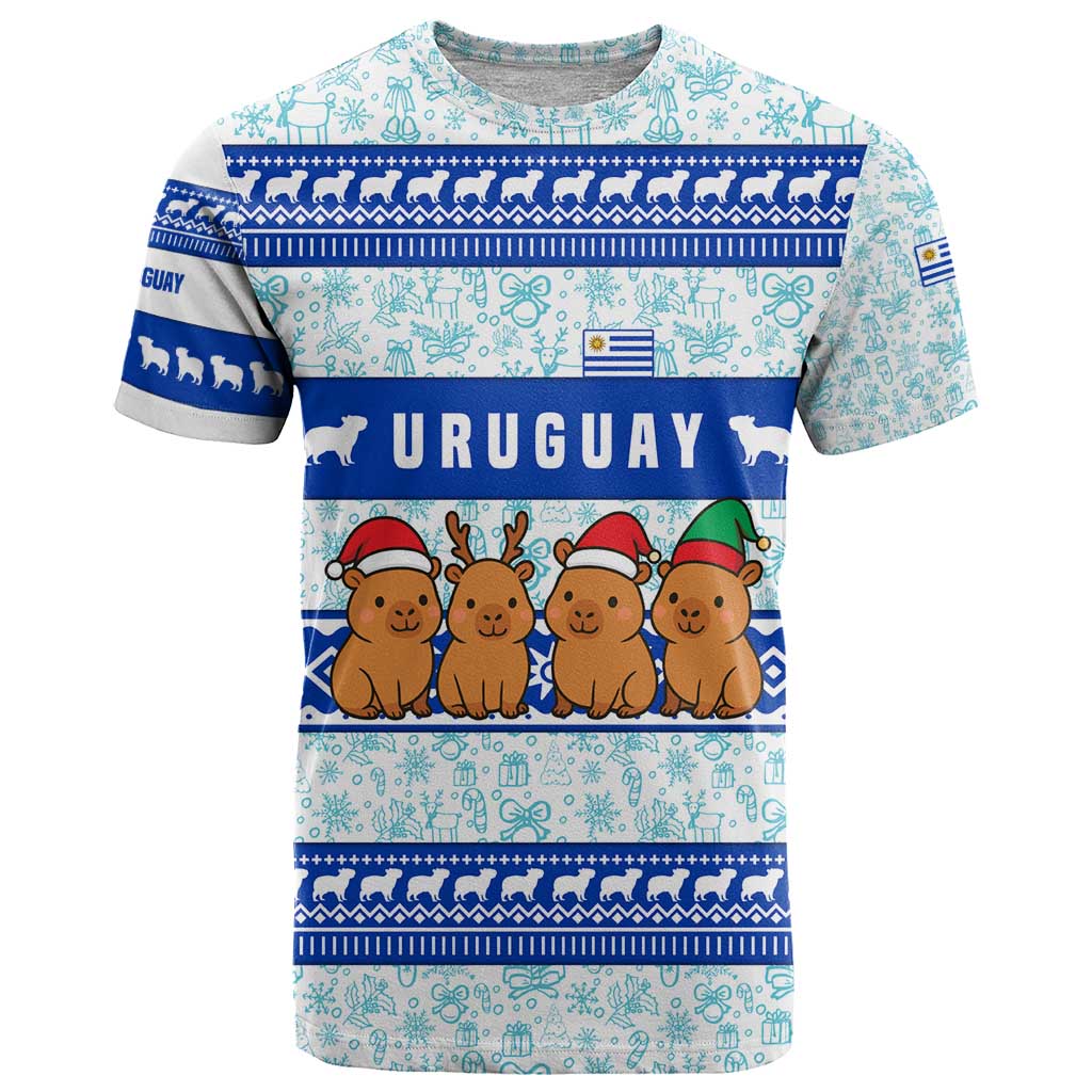 Uruguay Christmas T-Shirt with Capybaras Holiday Tree Sun Emblem and Blue Festive Pattern Graphic Tee