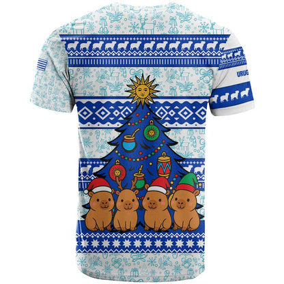 Uruguay Christmas T-Shirt with Capybaras Holiday Tree Sun Emblem and Blue Festive Pattern Graphic Tee