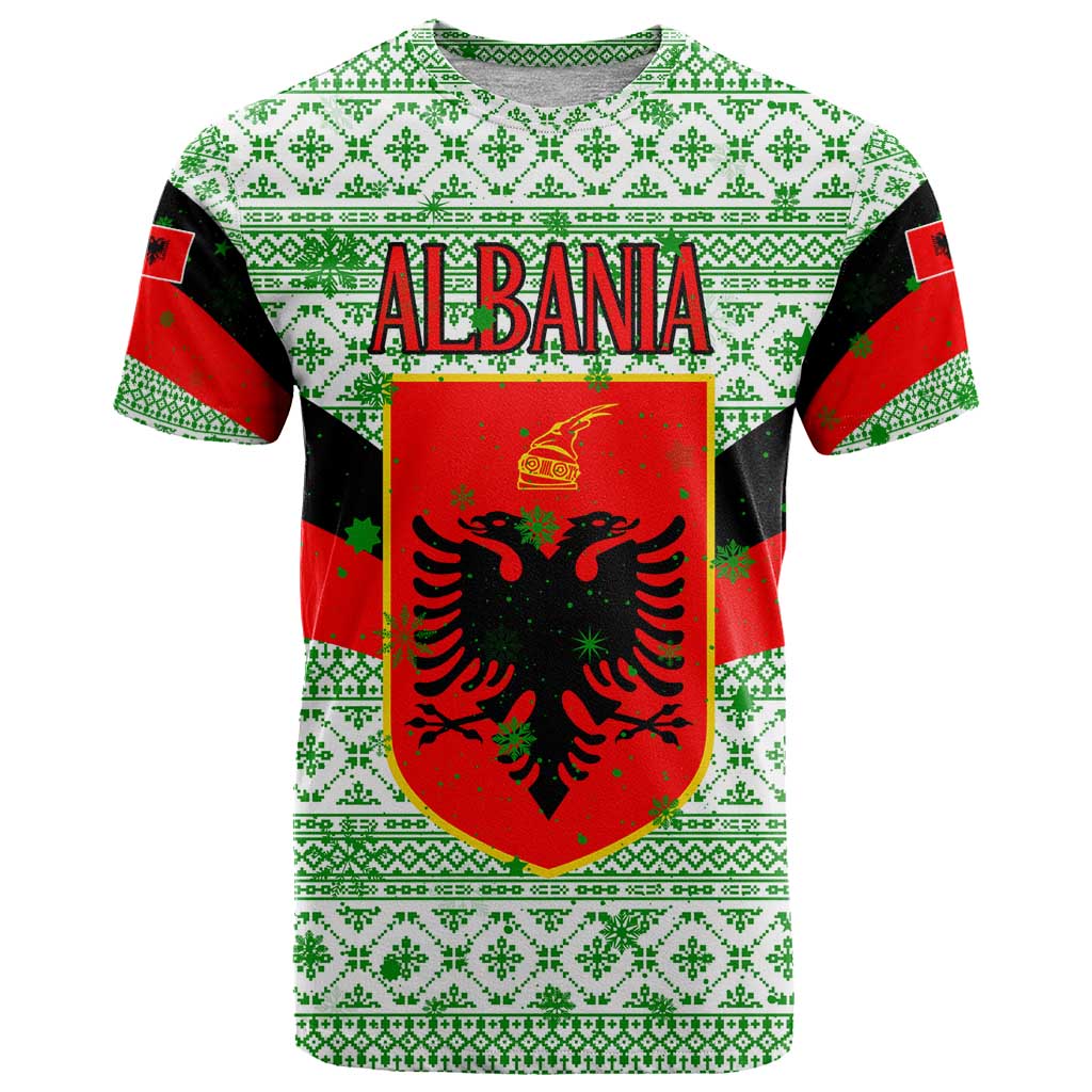 Albania Christmas T-Shirt with Green-Red Design, Double-Headed Eagle Emblem, and Santa Motif Graphic Tee