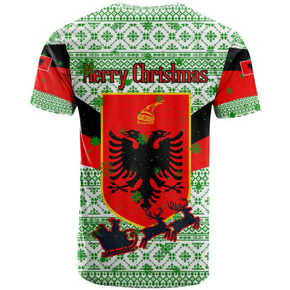 Albania Christmas T-Shirt with Green-Red Design, Double-Headed Eagle Emblem, and Santa Motif Graphic Tee