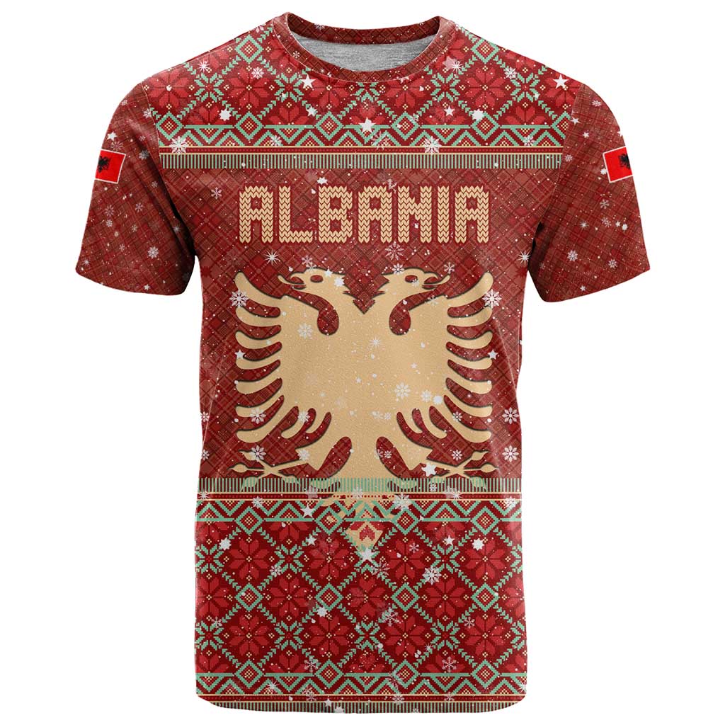 Albania Christmas T-Shirt with Red Geometric Design, Golden Double-Headed Eagle, and Santa Motif Graphic Tee