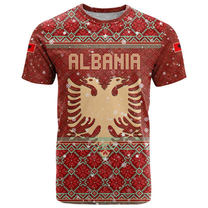 Albania Christmas T-Shirt with Red Geometric Design, Golden Double-Headed Eagle, and Santa Motif Graphic Tee