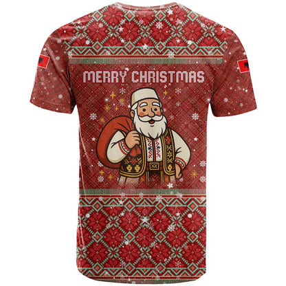 Albania Christmas T-Shirt with Red Geometric Design, Golden Double-Headed Eagle, and Santa Motif Graphic Tee