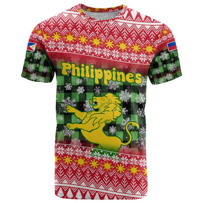Philippines Christmas T-Shirt with Red-Green Plaid Design, Yellow Lion, and National Coat of Arms Motif Graphic Tee