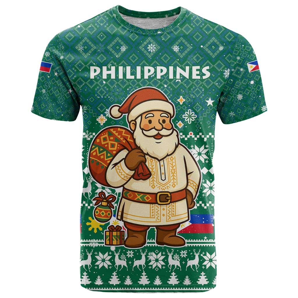 Philippines Christmas T-Shirt with Green Geometric Design, Santa in Barong Tagalog, and National Coat of Arms Motif Graphic Tee