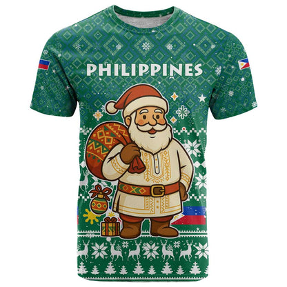 Philippines Christmas T-Shirt with Green Geometric Design, Santa in Barong Tagalog, and National Coat of Arms Motif Graphic Tee