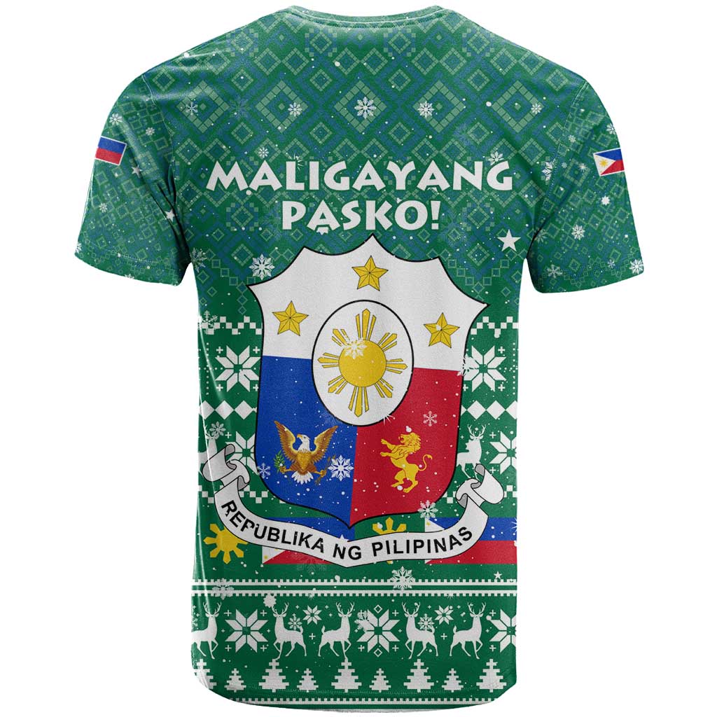 Philippines Christmas T-Shirt with Green Geometric Design, Santa in Barong Tagalog, and National Coat of Arms Motif Graphic Tee