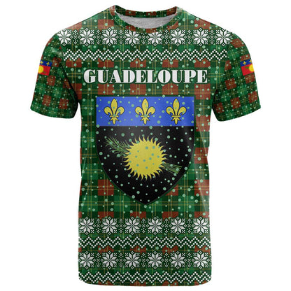 Guadeloupe Christmas T-Shirt with Green-Red Plaid Design, Sun and Sugarcane Emblem, and Santa Sleigh Motif Graphic Tee
