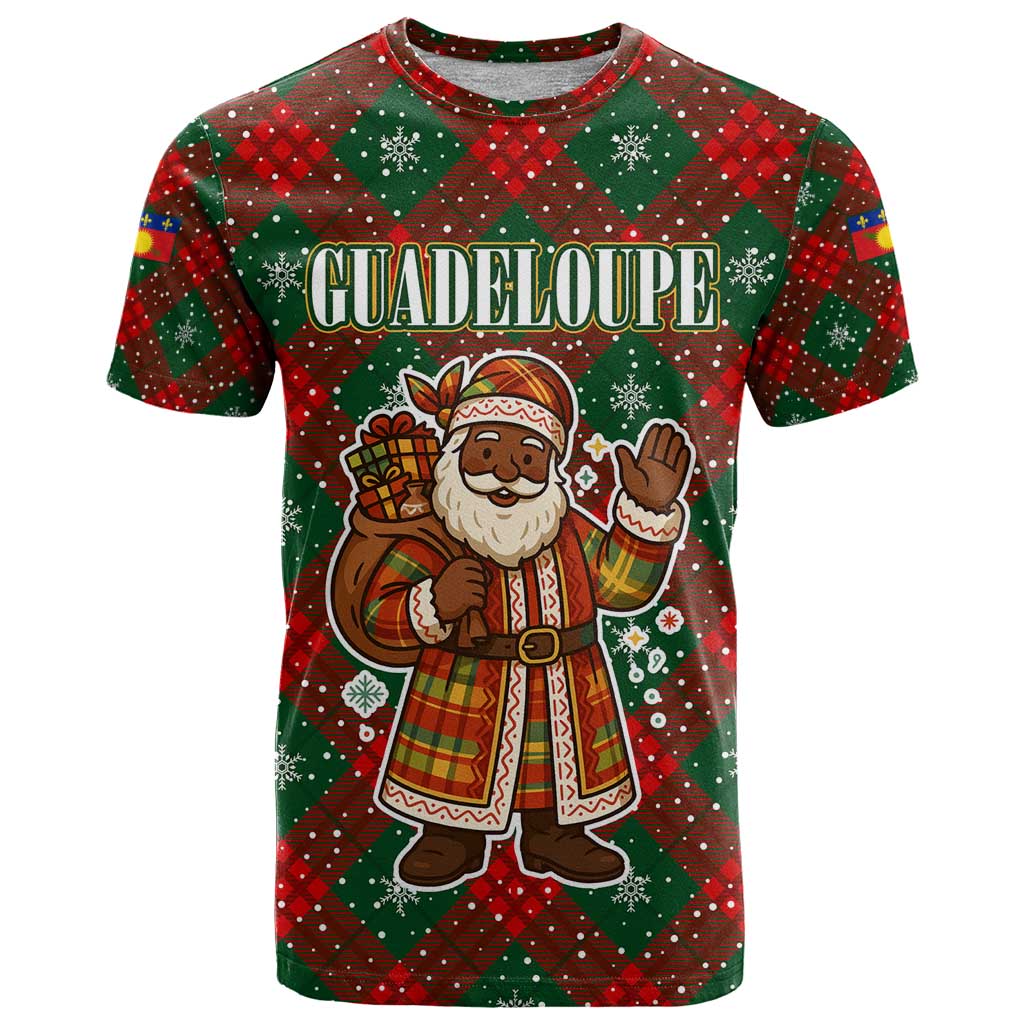 Guadeloupe Christmas T-Shirt with Green-Red Plaid Design, Island Map, and Traditional Santa Motif Graphic Tee