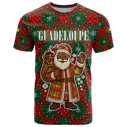 Guadeloupe Christmas T-Shirt with Green-Red Plaid Design, Island Map, and Traditional Santa Motif Graphic Tee
