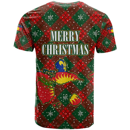 Guadeloupe Christmas T-Shirt with Green-Red Plaid Design, Island Map, and Traditional Santa Motif Graphic Tee