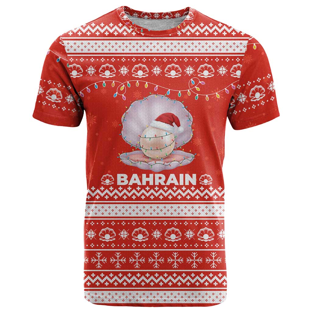 Bahrain Christmas T-Shirt with Pearl Shell Design Red Snowflake Pattern and Holiday Lights Graphic Tee