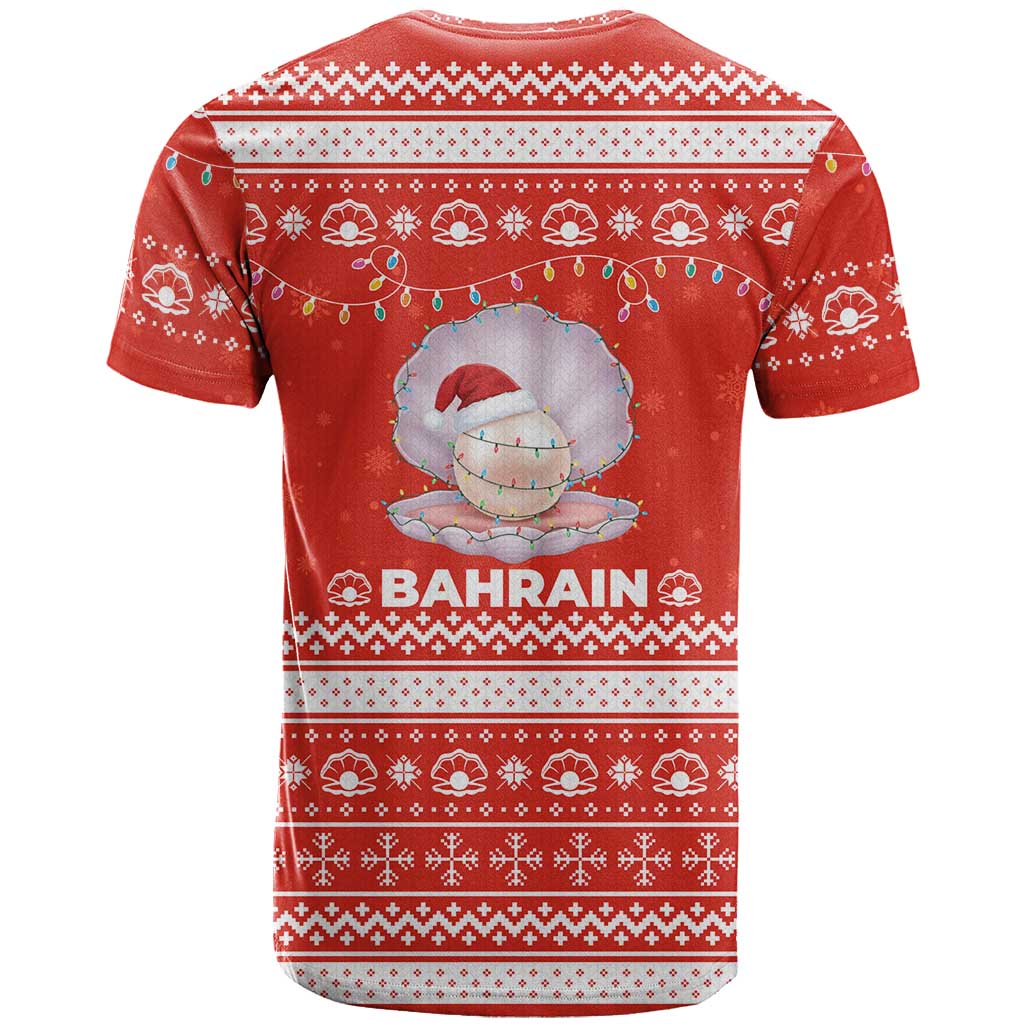 Bahrain Christmas T-Shirt with Pearl Shell Design Red Snowflake Pattern and Holiday Lights Graphic Tee