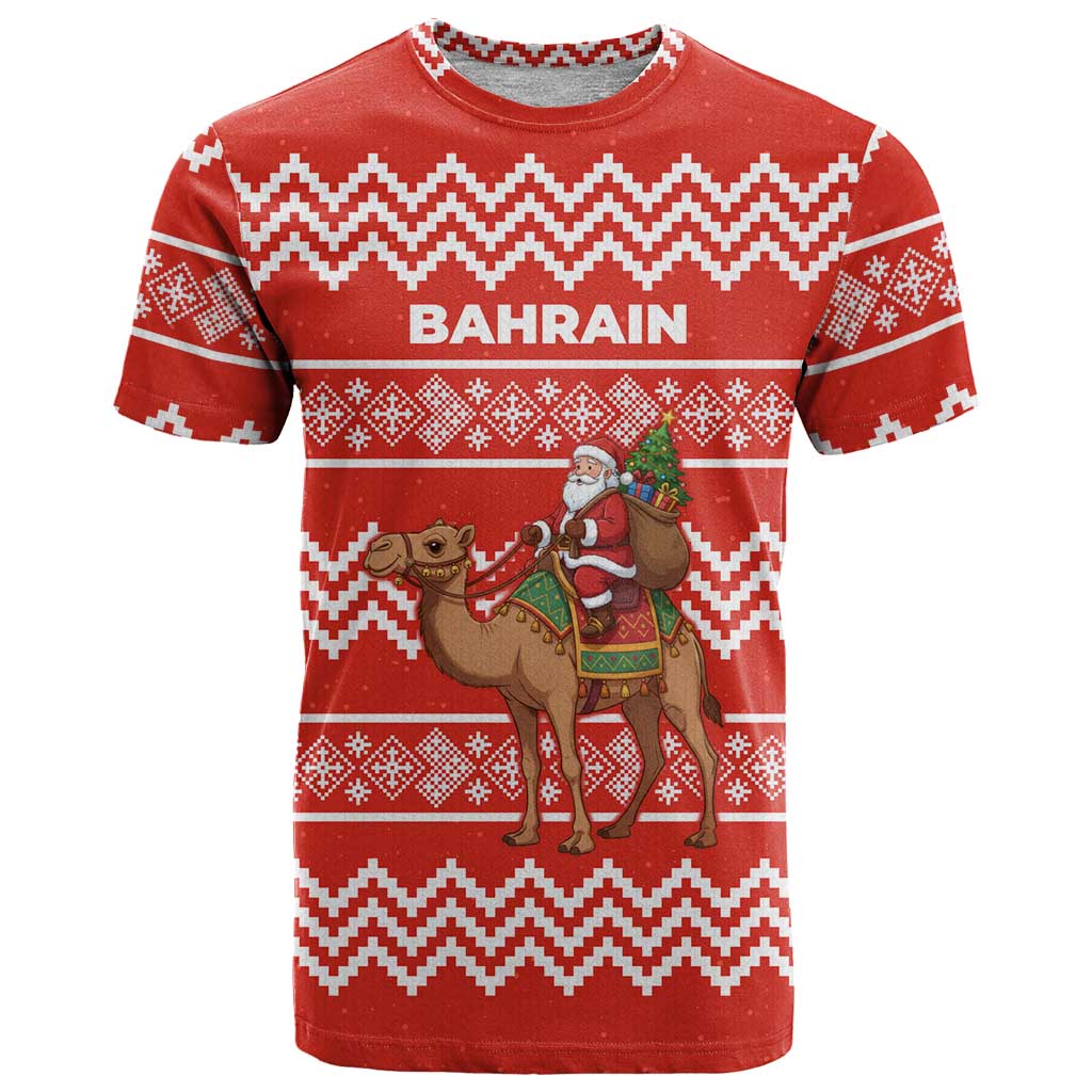 Bahrain Christmas T-Shirt with Santa Riding Camel Red Geometric Pattern and Festive Design Graphic Tee
