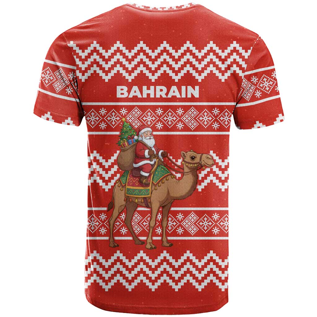 Bahrain Christmas T-Shirt with Santa Riding Camel Red Geometric Pattern and Festive Design Graphic Tee