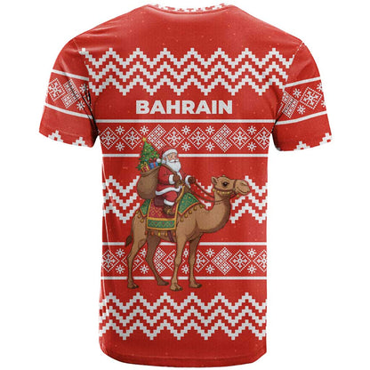 Bahrain Christmas T-Shirt with Santa Riding Camel Red Geometric Pattern and Festive Design Graphic Tee
