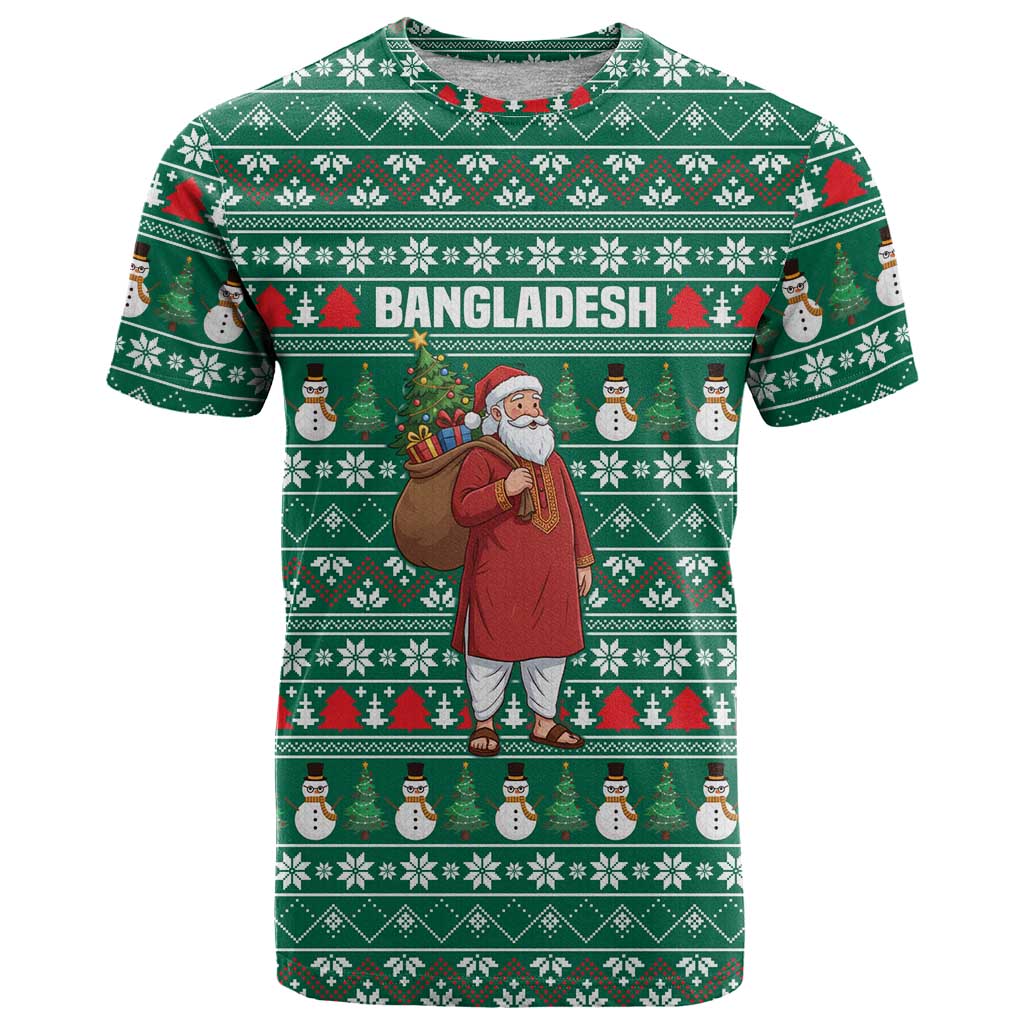 Bangladesh Christmas T-Shirt with Santa Claus in Traditional Outfit Snowman and Tree Pattern Graphic Tee