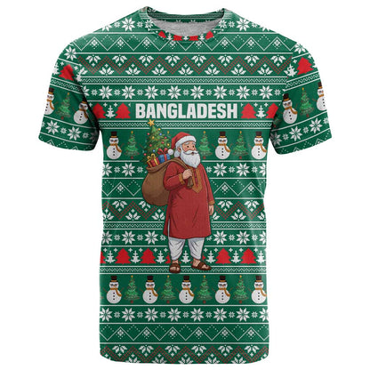 Bangladesh Christmas T-Shirt with Santa Claus in Traditional Outfit Snowman and Tree Pattern Graphic Tee