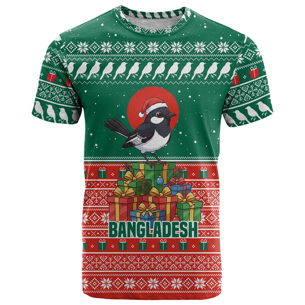 Bangladesh Christmas T-Shirt with Black-Capped Bird Gift Stack and Green Red Snowflake Pattern Graphic Tee
