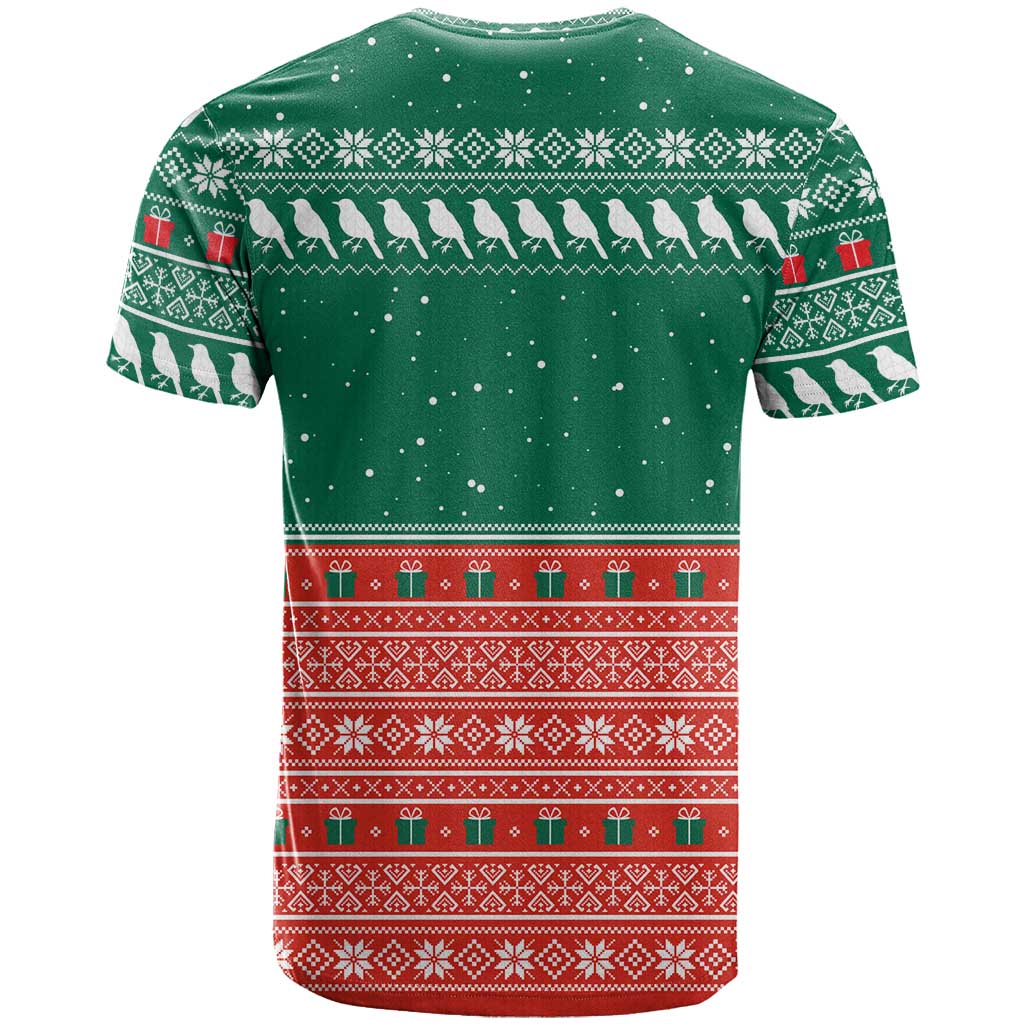 Bangladesh Christmas T-Shirt with Black-Capped Bird Gift Stack and Green Red Snowflake Pattern Graphic Tee