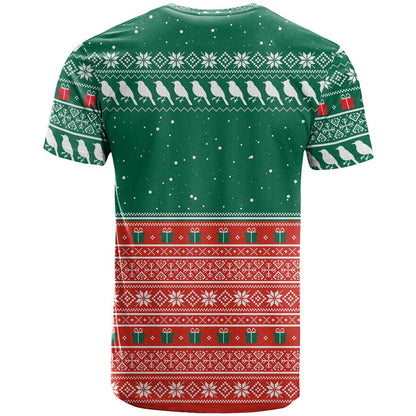 Bangladesh Christmas T-Shirt with Black-Capped Bird Gift Stack and Green Red Snowflake Pattern Graphic Tee