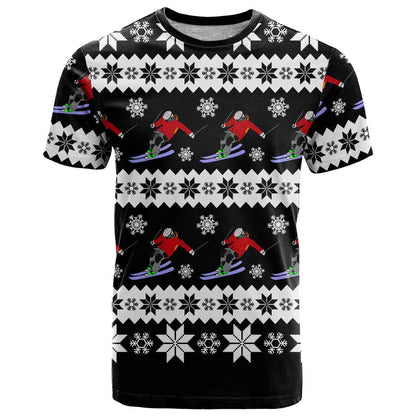 Skiing Snowflake Christmas T-Shirt Xmas Holiday Patterns Graphic Tee
