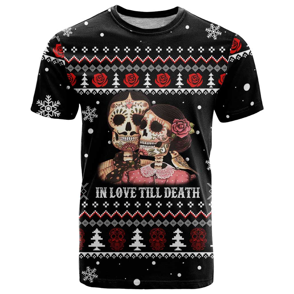 Skull Couple Christmas T-Shirt Xmas Holiday Patterns Graphic Tee
