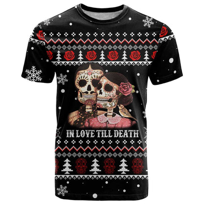 Skull Couple Christmas T-Shirt Xmas Holiday Patterns Graphic Tee