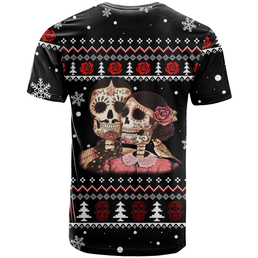 Skull Couple Christmas T-Shirt Xmas Holiday Patterns Graphic Tee