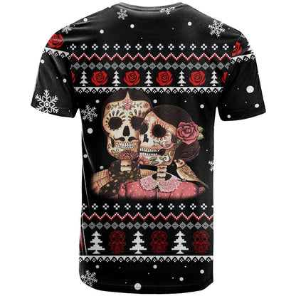 Skull Couple Christmas T-Shirt Xmas Holiday Patterns Graphic Tee
