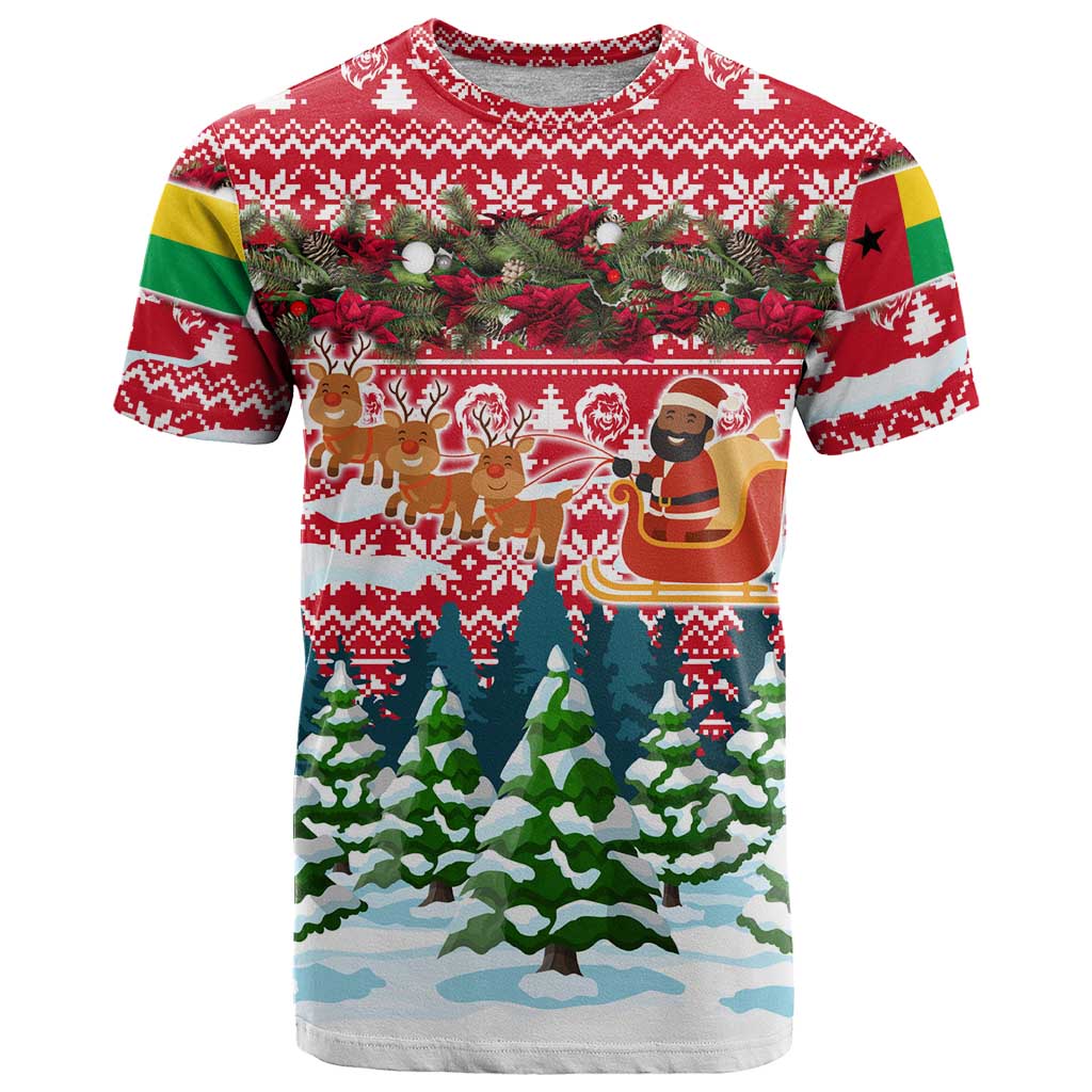 Guinea Bissau Christmas T-Shirt with Santa Sleigh Reindeer Forest and National Flag Design Graphic Tee