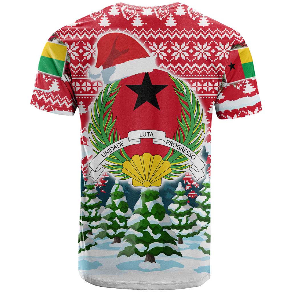 Guinea Bissau Christmas T-Shirt with Santa Sleigh Reindeer Forest and National Flag Design Graphic Tee
