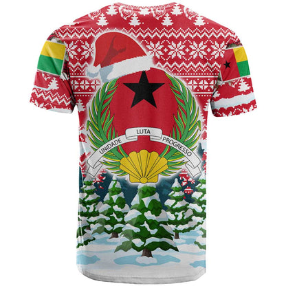 Guinea Bissau Christmas T-Shirt with Santa Sleigh Reindeer Forest and National Flag Design Graphic Tee