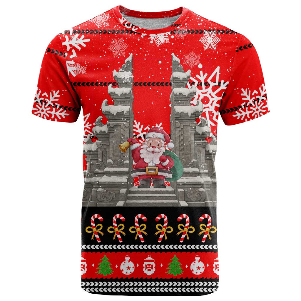 Indonesia Christmas T-Shirt with Santa Temple Snowflakes and Red Candy Cane Pattern Graphic Tee