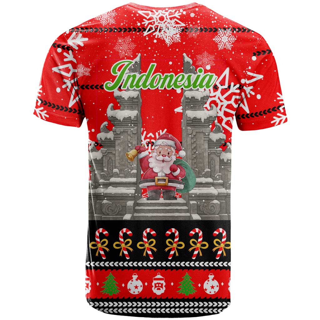 Indonesia Christmas T-Shirt with Santa Temple Snowflakes and Red Candy Cane Pattern Graphic Tee