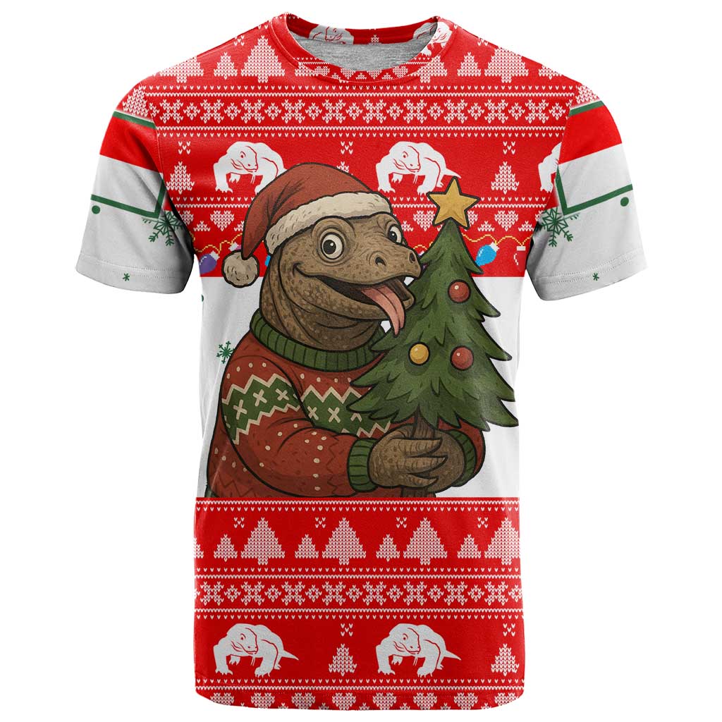 Indonesia Christmas T-Shirt with Komodo Dragon Santa Hat Christmas Tree and Red White Holiday Graphic Tee
