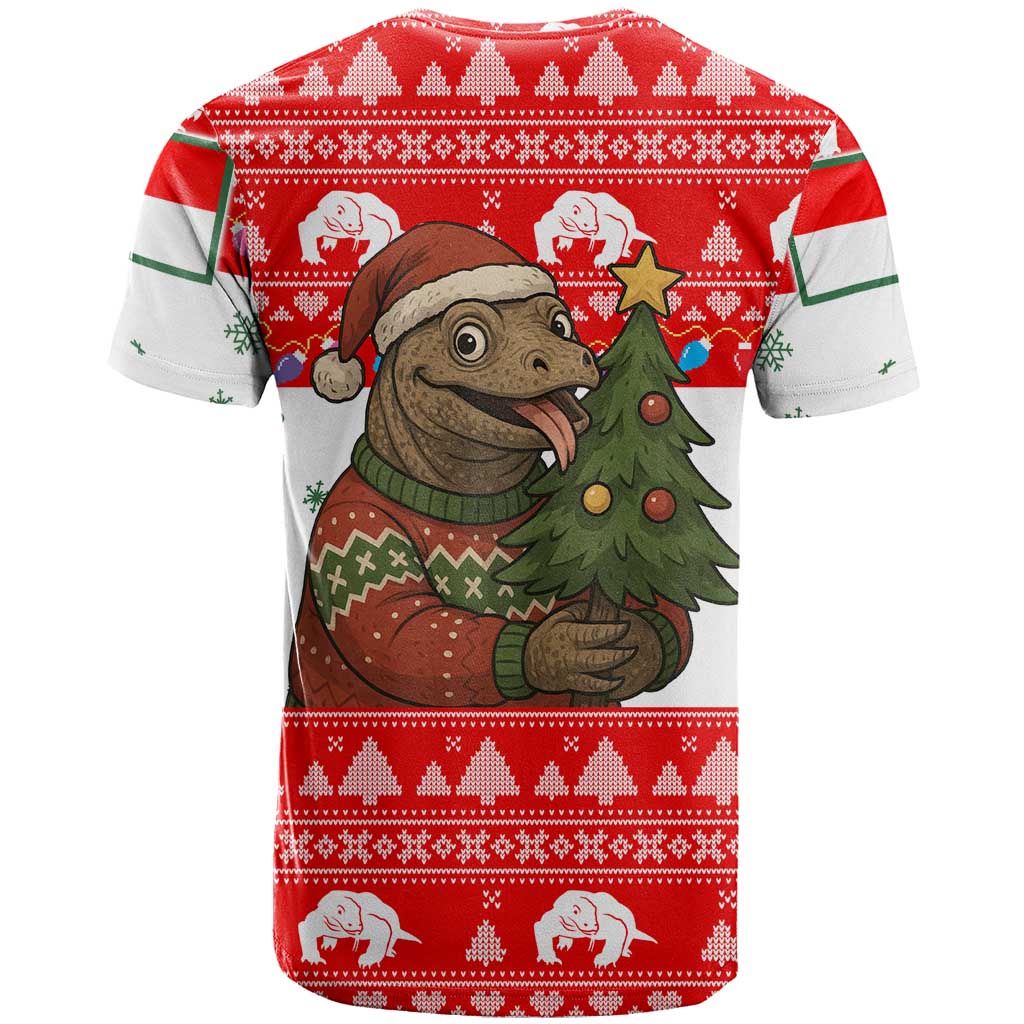 Indonesia Christmas T-Shirt with Komodo Dragon Santa Hat Christmas Tree and Red White Holiday Graphic Tee