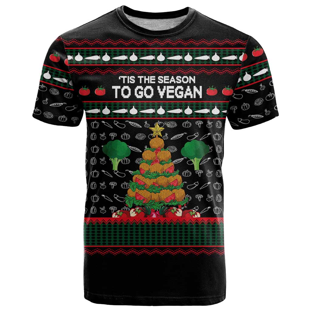 Vegan Christmas T-Shirt with Tis the Season to Go Vegan Quote and Vegetable Tree Graphic Tee